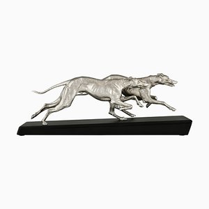 Plagnet, Art Deco Sculpture of Greyhounds, 1930, Metal & Marble
