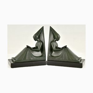 Art Deco Bookends with Reading Medieval Ladies by Max Le Verrier, 1930s, Set of 2