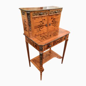 Petit Bureau Vintage avec Marqueteries et Frises en Laiton et Bronze, 3 Tiroirs et Portes dans la Partie Supérieure, 1950s