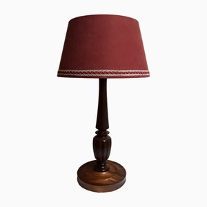 Vintage Table Lamp with Turned Mahogany Foot and Red Fabric Umbrella, 1970s