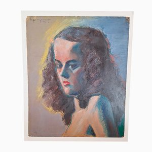 Henry Piguenet, Retrato de Damisela Art Déco, años 40, Gouache y pastel sobre papel