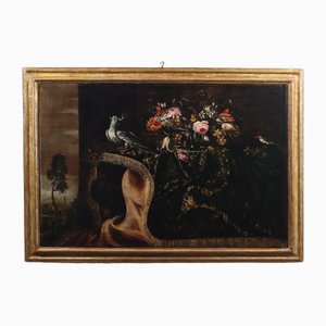 Künstler der neapolitanischen Schule, Stillleben mit Blumen und Vögeln, 17. Jh., Öl auf Leinwand