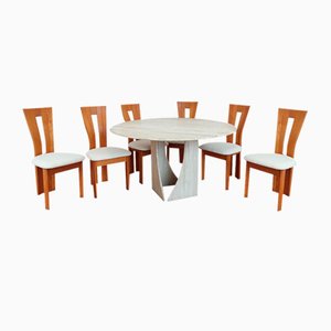 Table Circulaire en Travertin avec Chaises en Bois, Set de 7