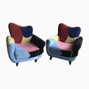 Set of Mid-Century Armchairs in Multicoloured Fabric with Black Painted Legs