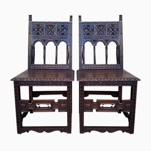 Sedie intagliate con sedile in legno, Spagna, inizio XX secolo, fine XIX secolo, set di 2