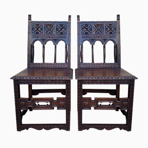 Set of Early 20th Century Spanish Carved Chairs with Wood Seat, 1890s