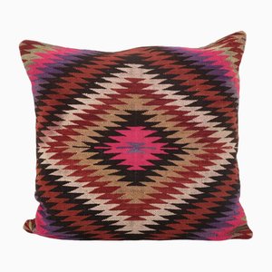 Cuscino quadrato geometrico Kilim in lana rossa fatto a mano