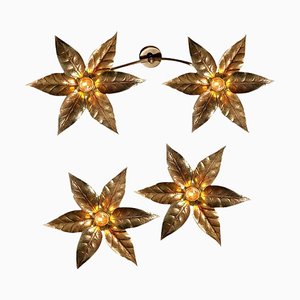 Willy Daro Style Brass Flowers Wall Lights, 1970, Set of 3