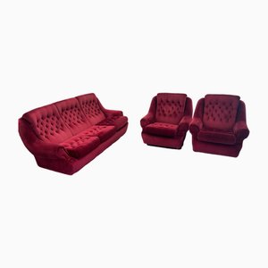 Vintage Sofa and Chairs in Red, Set of 3