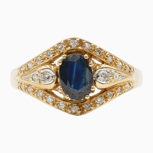 Vintage 14K Yellow Gold Ring with Sapphire and Diamonds, 1970s