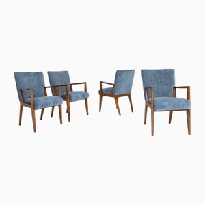 Walnut and Velvet Armchairs, 1950s, Set of 4