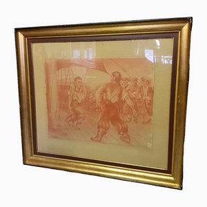 Denison, Pirates on a Ship, 1939, Red Chalk, Framed