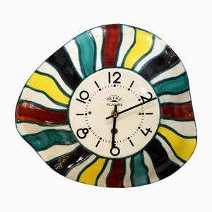 Mid-Century Wall Clock in Earthenware with Radiant Strips by FFR, France, 1950s