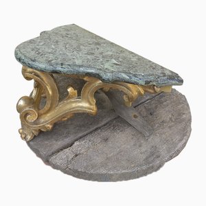 Florentine Gilt Shelves in Carved Wood with Green Val d'Aosta Marble Surfaces, Set of 2