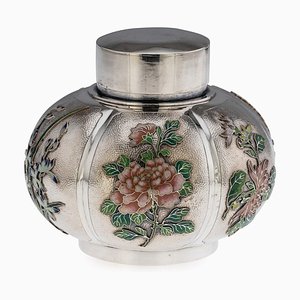 20th Century Chinese Export Silver & Enamel Tea Caddy from Luen Wo, 1900s