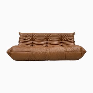 Französisches Vintage Togo Sofa aus dunklem cognacfarbenem Leder von Michel Ducaroy für Ligne Roset
