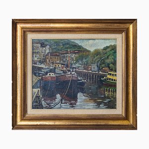 Unbekannt, Impressionistische Hafenszene, 1950er, Öl auf Leinwand