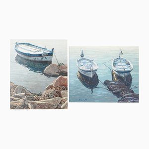 Bosch, Estudios de barcos de pesca, años 70, Pinturas al óleo a bordo, Enmarcado, Juego de 2