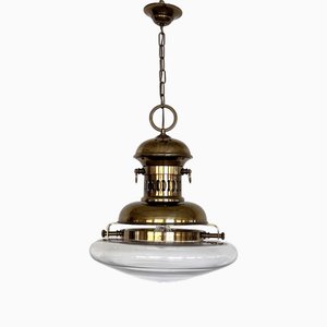 Italian Brass and Glass Pendant Lamp in the style of Nautical, 1970s