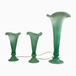 Lámparas de cristal de Murano verde, Italia, años 80. Juego de 3