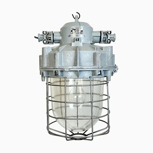 Large Industrial Grey Bunker Light with Iron Cage from Elektrosvit, 1970s