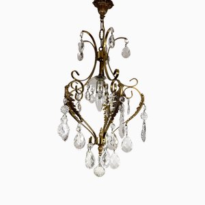 French Brass Crystal Chandelier, 1940s