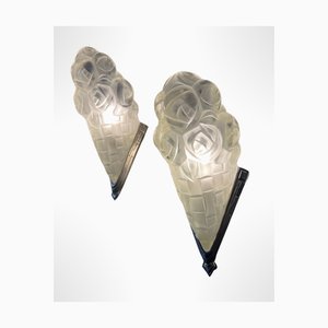 Art Deco Flower Cornets Sconing from Verrerie Dart Degué, 1930s, Set of 2