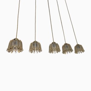 Lámparas colgantes de latón y vidrio ámbar escarchado de Doria Leuchten, años 60. Juego de 5