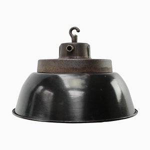 Lámpara colgante de fábrica vintage de hierro fundido y esmalte negro