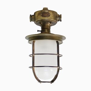 Vintage Industrial Ceiling Light in Brass and Frosted Glass