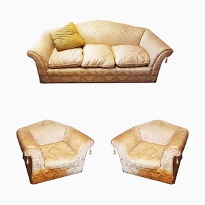 Canapé et Fauteuils Vintage avec Duvet et Tissu Damask, 1970s, Set de 3