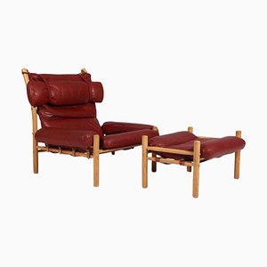 Set of Inca Lounge Chair with Ottoman in Original Leather by Arne Norell, 1970s