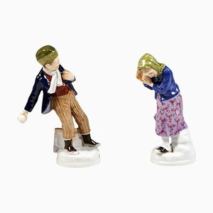 Figurines Meissen Snowball Thrower & Girl Art Nouveau par A. Koenig, 1910s, Set de 2