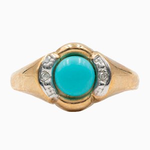 Vintage 8k Yellow Gold Ring with Turquoise and Diamonds, 1970s