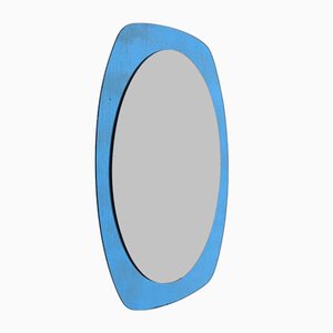 Mid-Century Cristal Art Oval Wall Mirror with Blue Glass Frame, Italy, 1960s