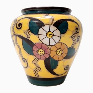 Vase Futuriste en Faïence Vernie Jaune avec Motifs Floral, Italie, 1920s