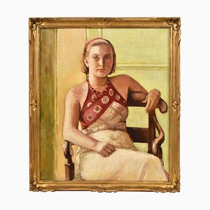 Seated Young Girl, Oil Painting on Canvas, 20th Century, Framed