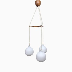 Dreifache Kaskaden-Deckenlampe aus Teak & Glas im skandinavischen Stil, 1960er