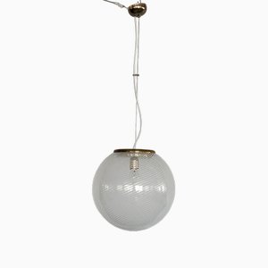 Lámpara de techo italiana con forma de esfera de cristal de Murano y latón con rayas blancas de Venini, años 70