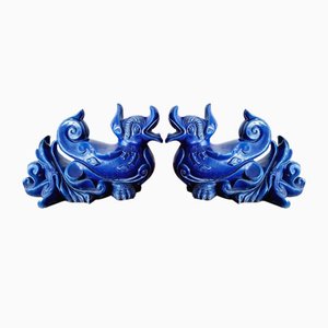 Blue Glazed Foo Dragons Fountain Spouts, 1950s, Set of 2