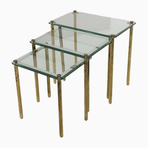 Italian Nesting Coffee Tables in Thick Glass and Brass, 1965, Set of 3