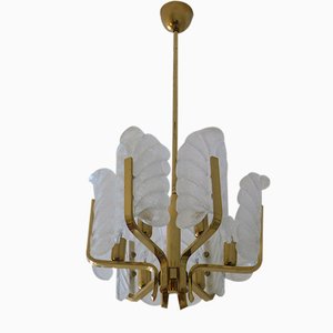 Brass & Glass Acanthus Leaf Chandelier by Carl Fagerlund for Orrefors, Sweden, 1960s