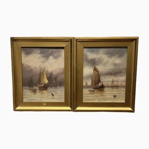 Maritime Scenes, Oil Paintings, 1909, Framed, Set of 2