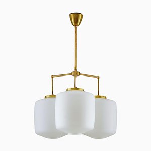 Large Chandelier in Brass and Opaline Glass attributed to Høvik Lys, Norway, 1950s