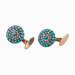 Diamonds, Turquoise, Rose Gold and Silver Cufflinks, Set of 2