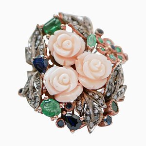 Coral, Emeralds, Sapphires, Diamonds, Rose Gold and Silver Retrò Ring.