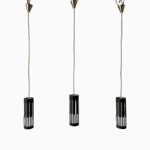 Modern Cylinder Pendant Lamp in Glass and Black Metal, 1960s