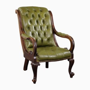 Fauteuil Chesterfield à Assise Boutonnée Vert en Cuir de Bovin