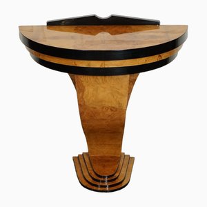 Art Deco Burr Walnut with Black Trim Demi Lune Console Hall Table J1