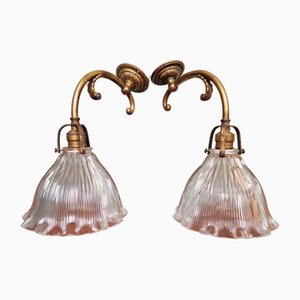 Wall Lights in Gilded Bronze and Grooved Glass from Holophane, 1920s, Set of 2